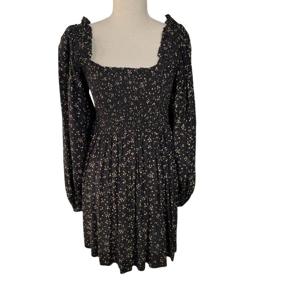 Ganni Yellow Flower Square Neck Long Sleeve Mini Dress Black Size 38 Small
